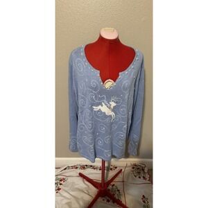 Timberlea Women's 2X Blue‎ Holiday Sweater Pearl Beaded Reindeer Embroidered Top